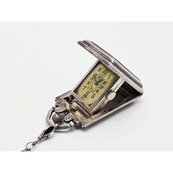 Vintage Art Deco Sterling Silver Black & Purple Enamel Pendant Watch Necklace - Picture 6 of 16